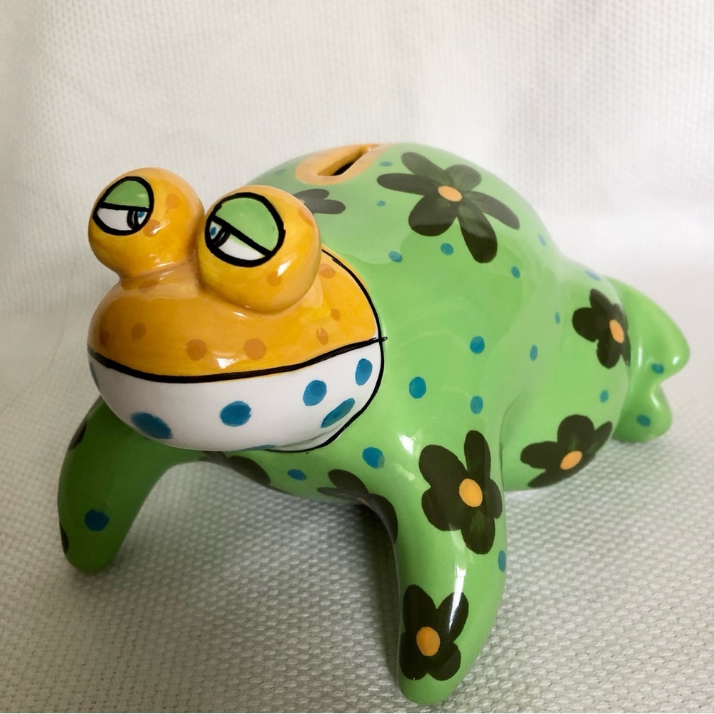 Ganz ceramic green frog piggy bank flowers polka dots EUC hand painted